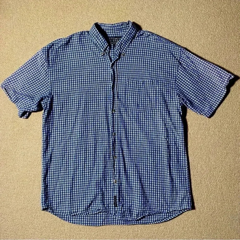 U.S. Expedition Vintage Mens XL Collar Button Down Shirt Blue Checker